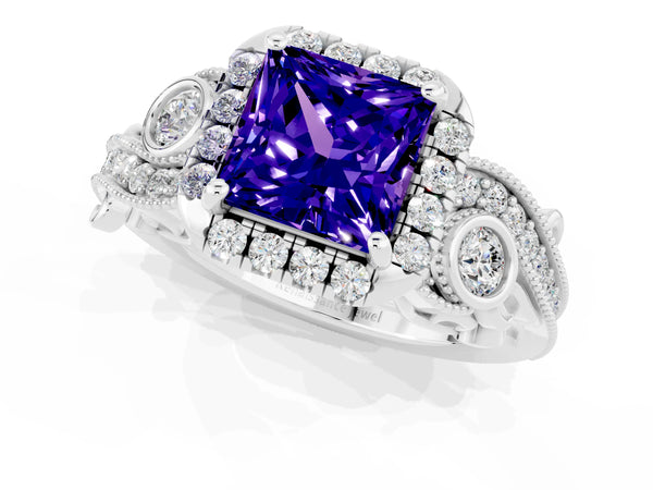 White gold Princess Cut Tanzanite Halo Ring with Milgrain Pavé Band and Four-Prong Setting