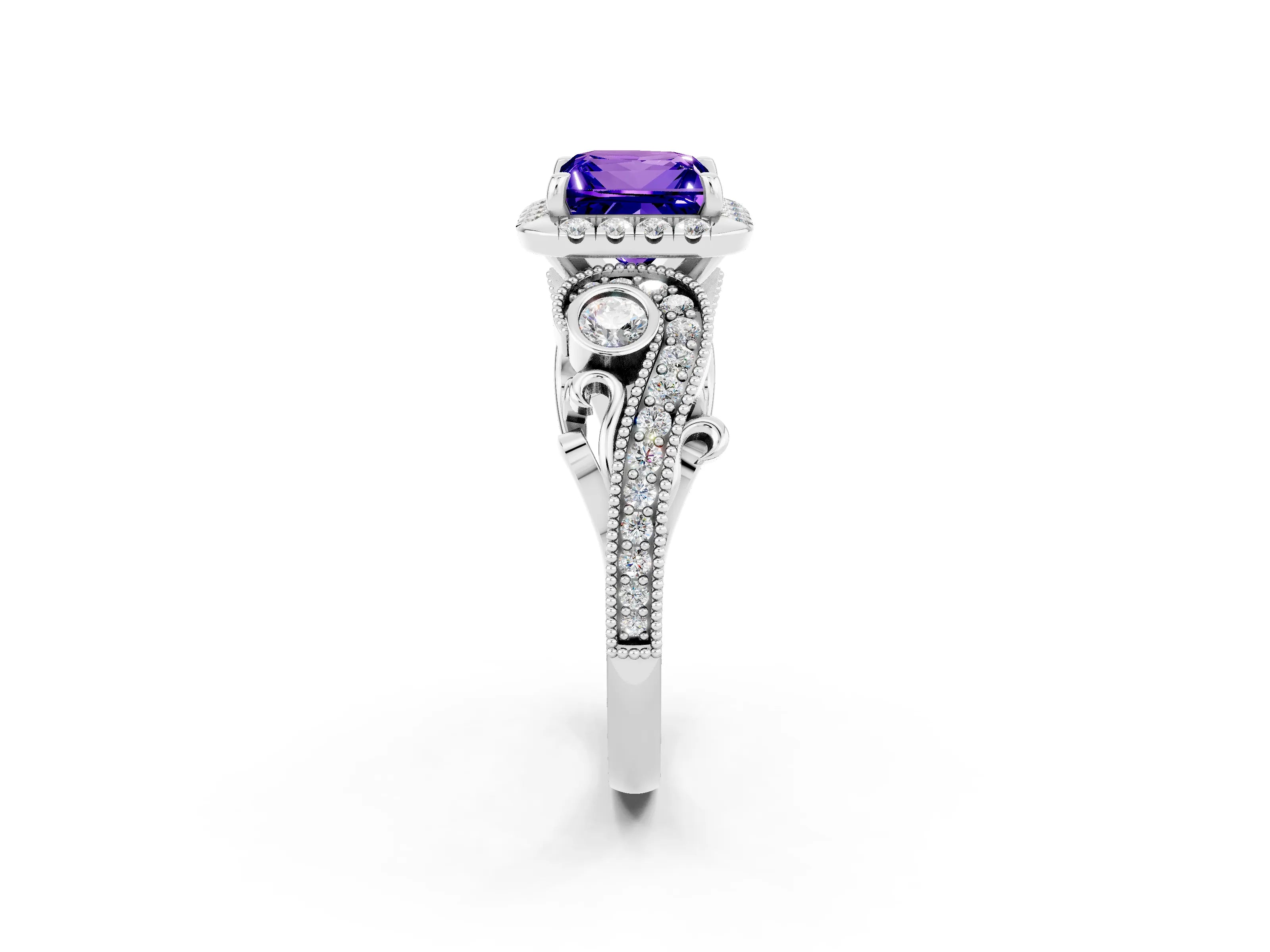 White gold Princess Cut Tanzanite Halo Ring with Milgrain Pavé Band and Four-Prong Setting_14