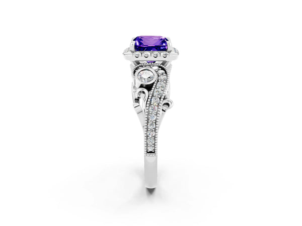 White gold Princess Cut Tanzanite Halo Ring with Milgrain Pavé Band and Four-Prong Setting