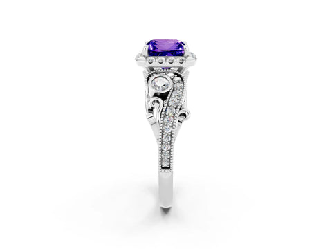 White gold Princess Cut Tanzanite Halo Ring with Milgrain Pavé Band and Four-Prong Setting_14