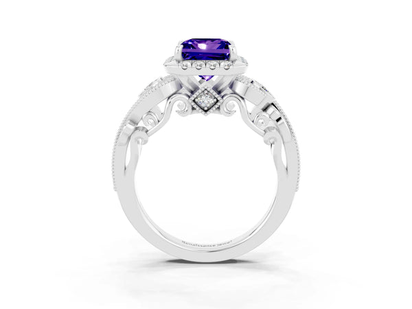 White gold Princess Cut Tanzanite Halo Ring with Milgrain Pavé Band and Four-Prong Setting