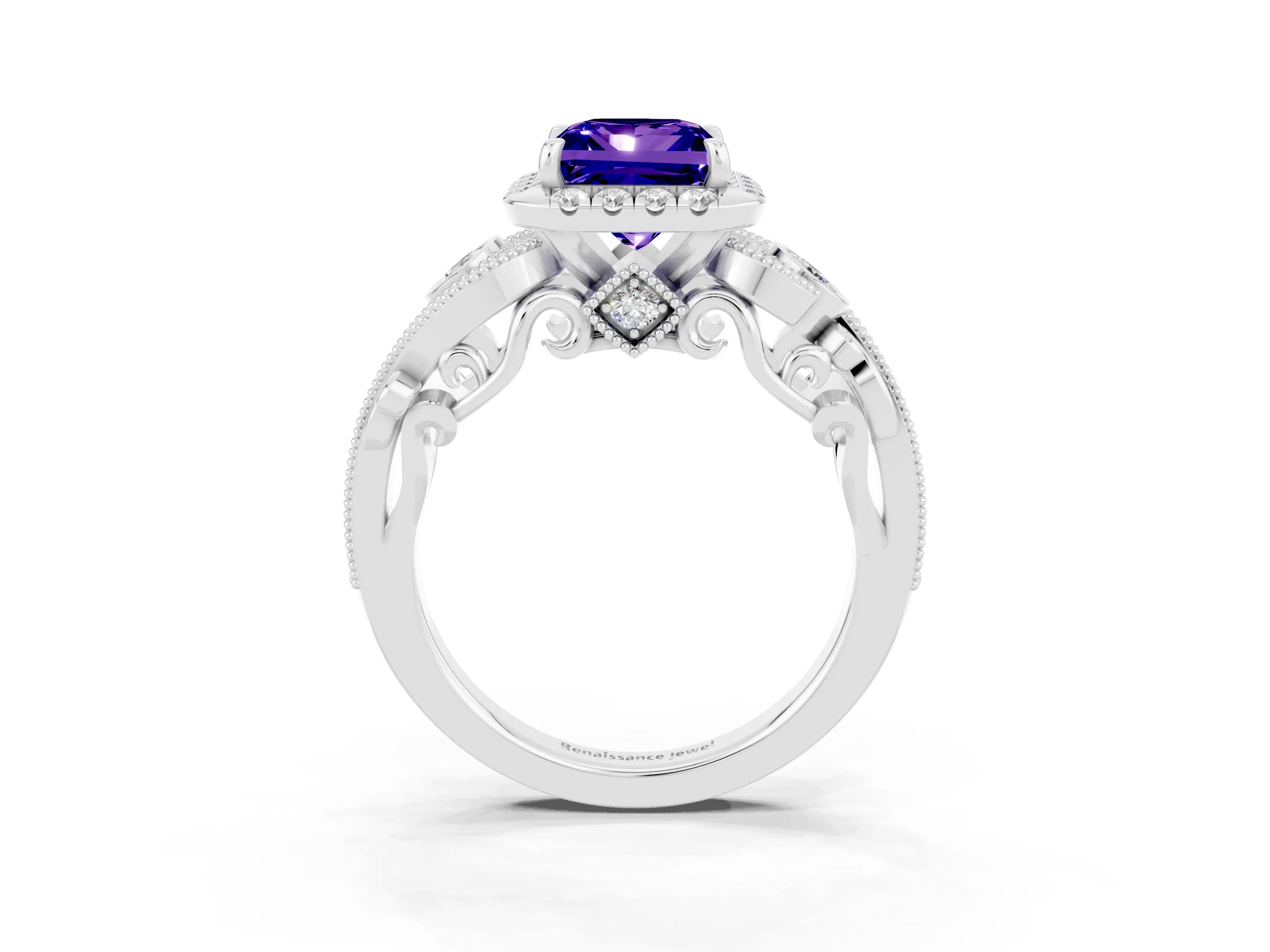 White gold Princess Cut Tanzanite Halo Ring with Milgrain Pavé Band and Four-Prong Setting_15