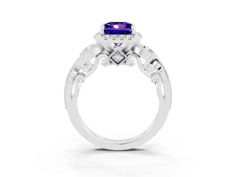 White gold Princess Cut Tanzanite Halo Ring with Milgrain Pavé Band and Four-Prong Setting_15
