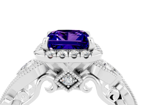 White gold Princess Cut Tanzanite Halo Ring with Milgrain Pavé Band and Four-Prong Setting_16