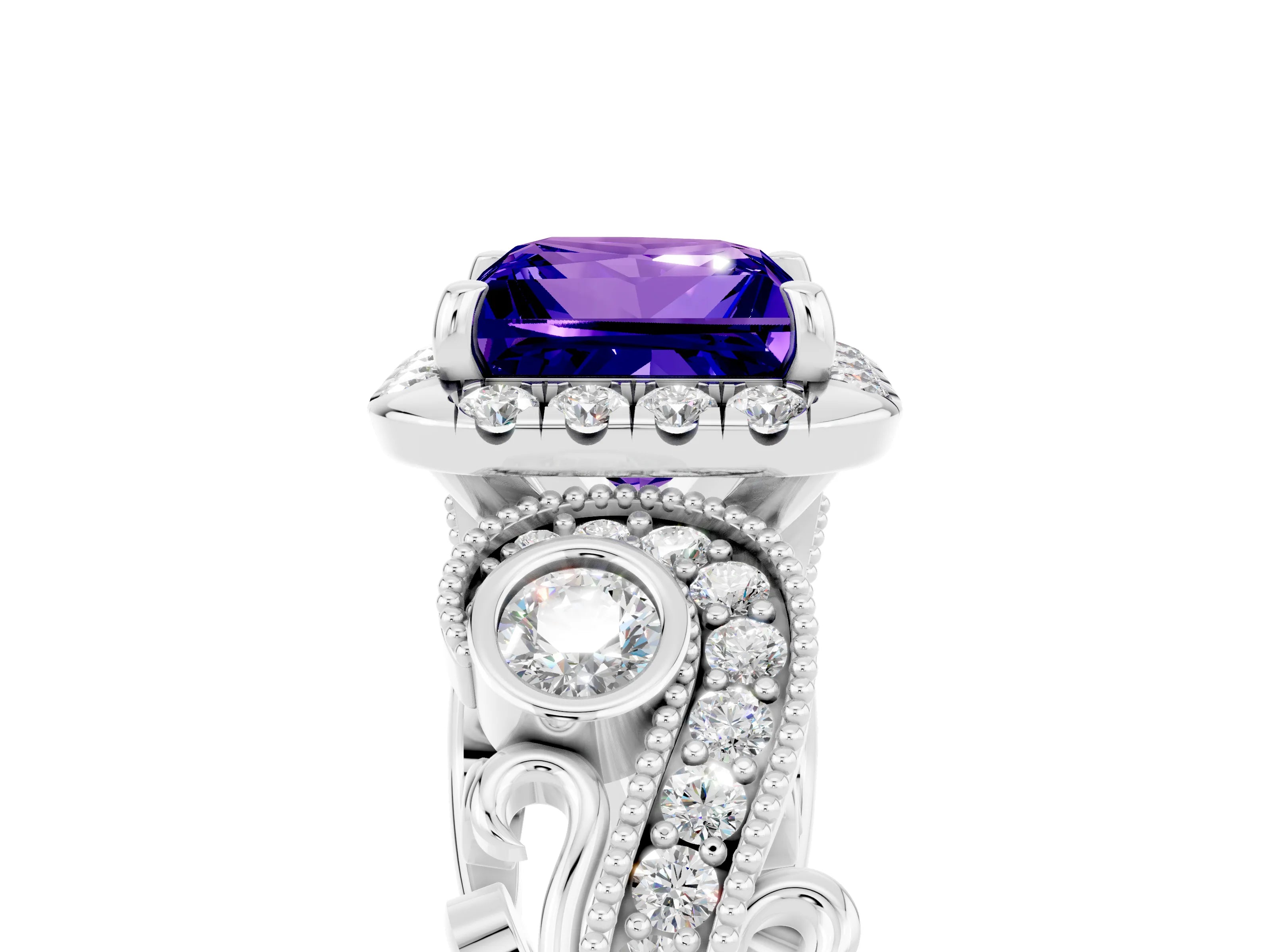White gold Princess Cut Tanzanite Halo Ring with Milgrain Pavé Band and Four-Prong Setting_17