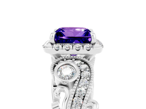 White gold Princess Cut Tanzanite Halo Ring with Milgrain Pavé Band and Four-Prong Setting_17