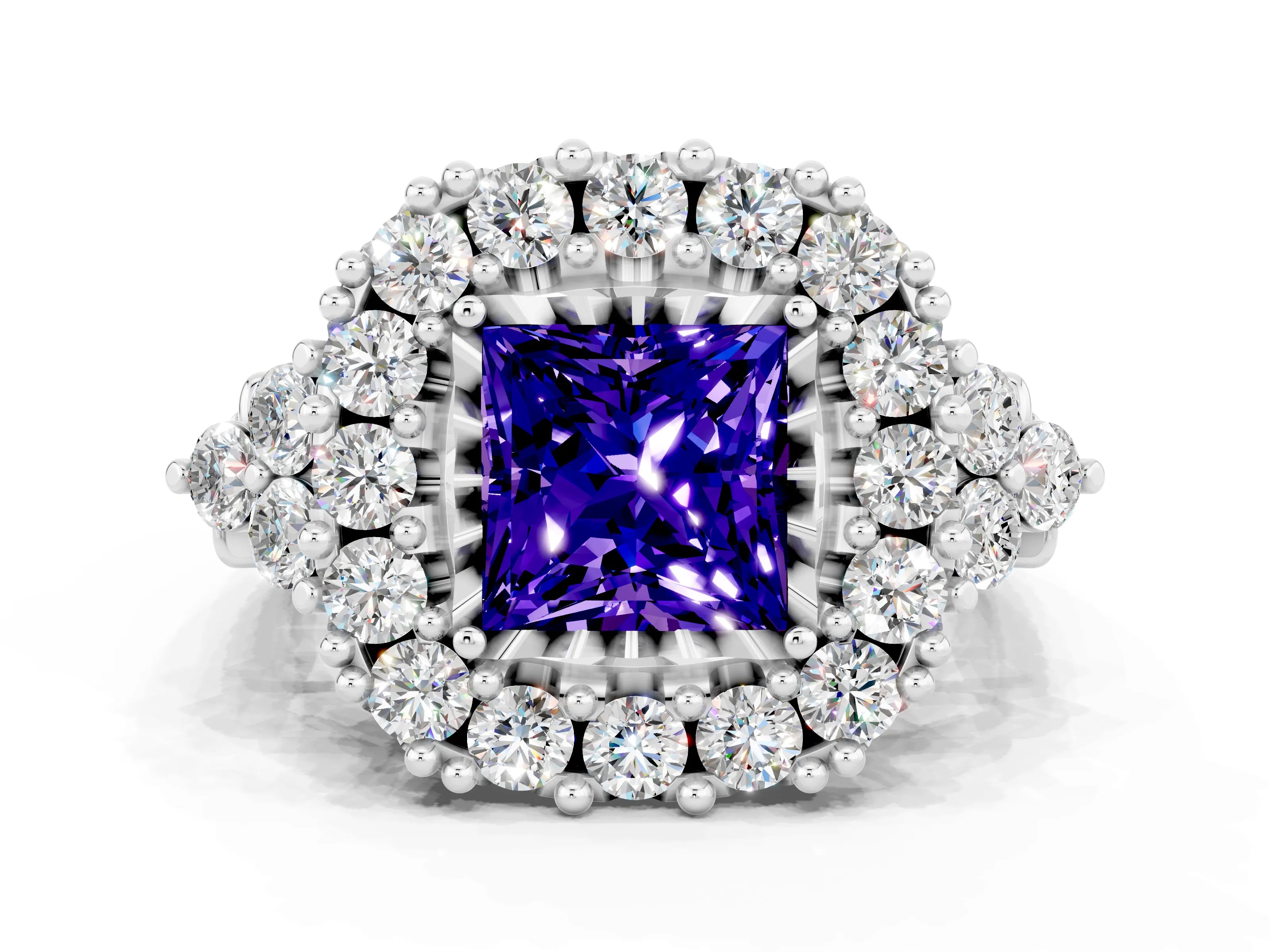 White gold Princess Cut Tanzanite Halo Ring with Pavé Band and Four-Prong Setting_12