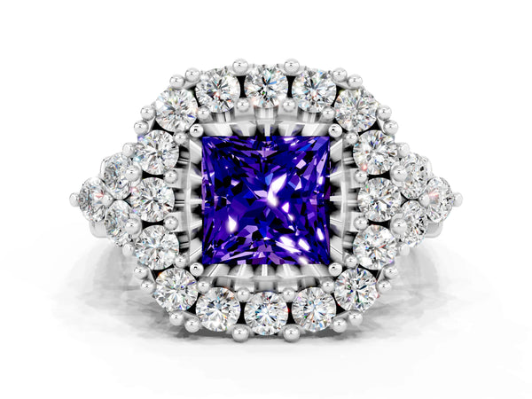 Platinum Princess Cut Tanzanite Halo Ring with Pavé Band and Four-Prong Setting