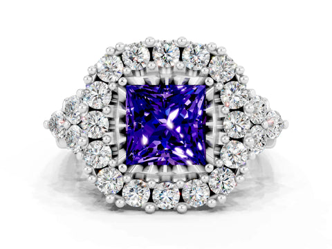 White gold Princess Cut Tanzanite Halo Ring with Pavé Band and Four-Prong Setting_12