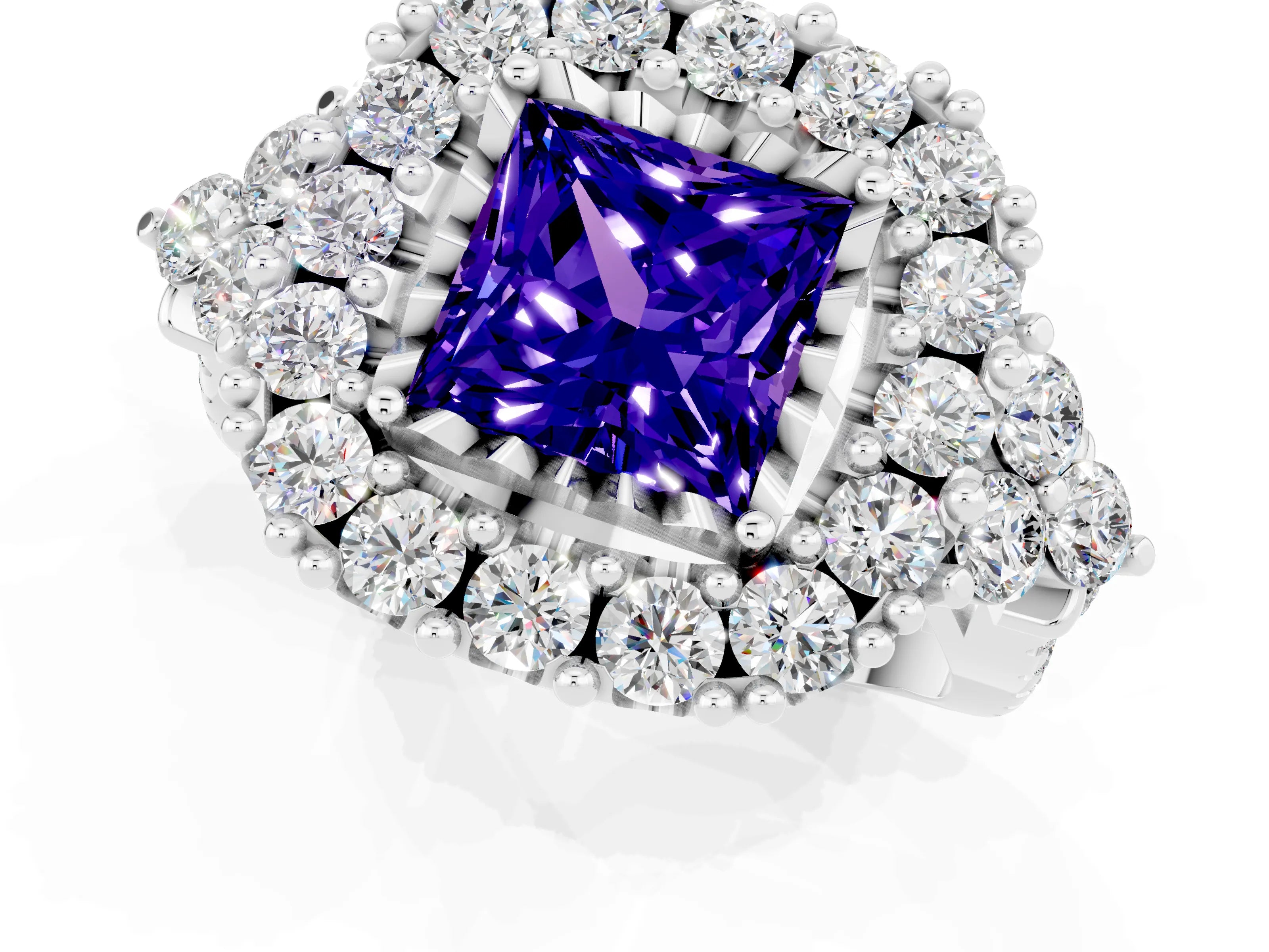 White gold Princess Cut Tanzanite Halo Ring with Pavé Band and Four-Prong Setting_13