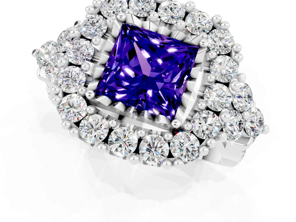 White gold Princess Cut Tanzanite Halo Ring with Pavé Band and Four-Prong Setting