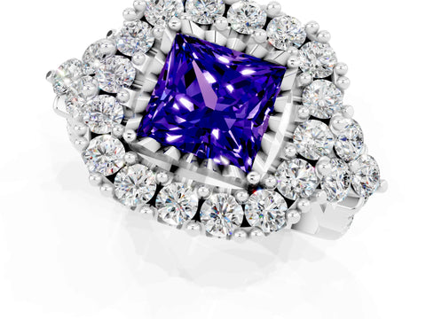 White gold Princess Cut Tanzanite Halo Ring with Pavé Band and Four-Prong Setting_13