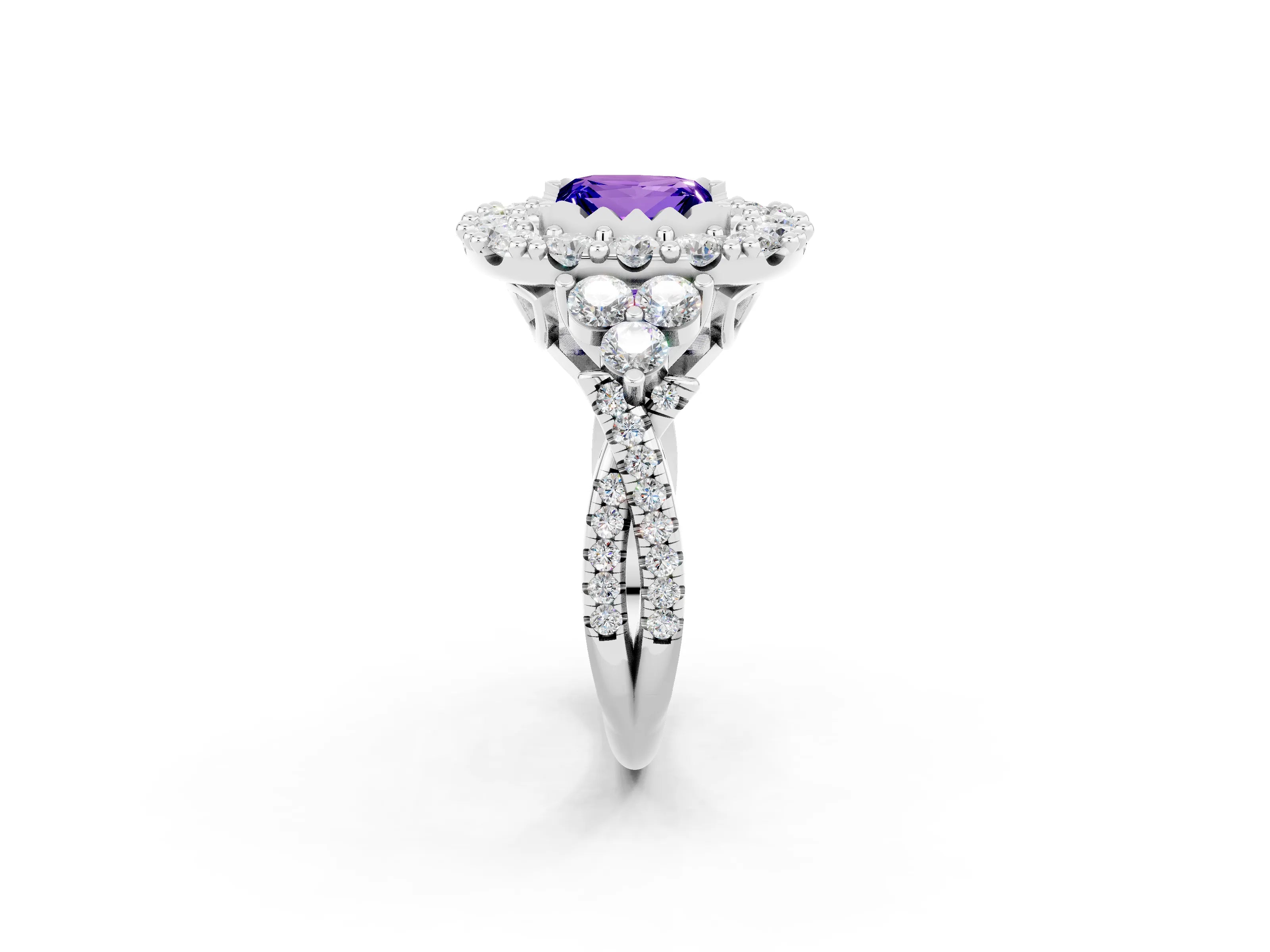 White gold Princess Cut Tanzanite Halo Ring with Pavé Band and Four-Prong Setting_14