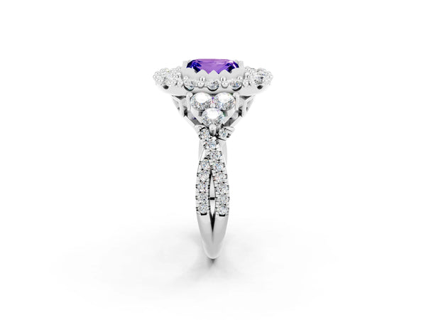 Silver Princess Cut Tanzanite Halo Ring with Pavé Band and Four-Prong Setting