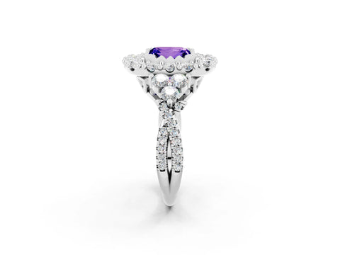 White gold Princess Cut Tanzanite Halo Ring with Pavé Band and Four-Prong Setting_14