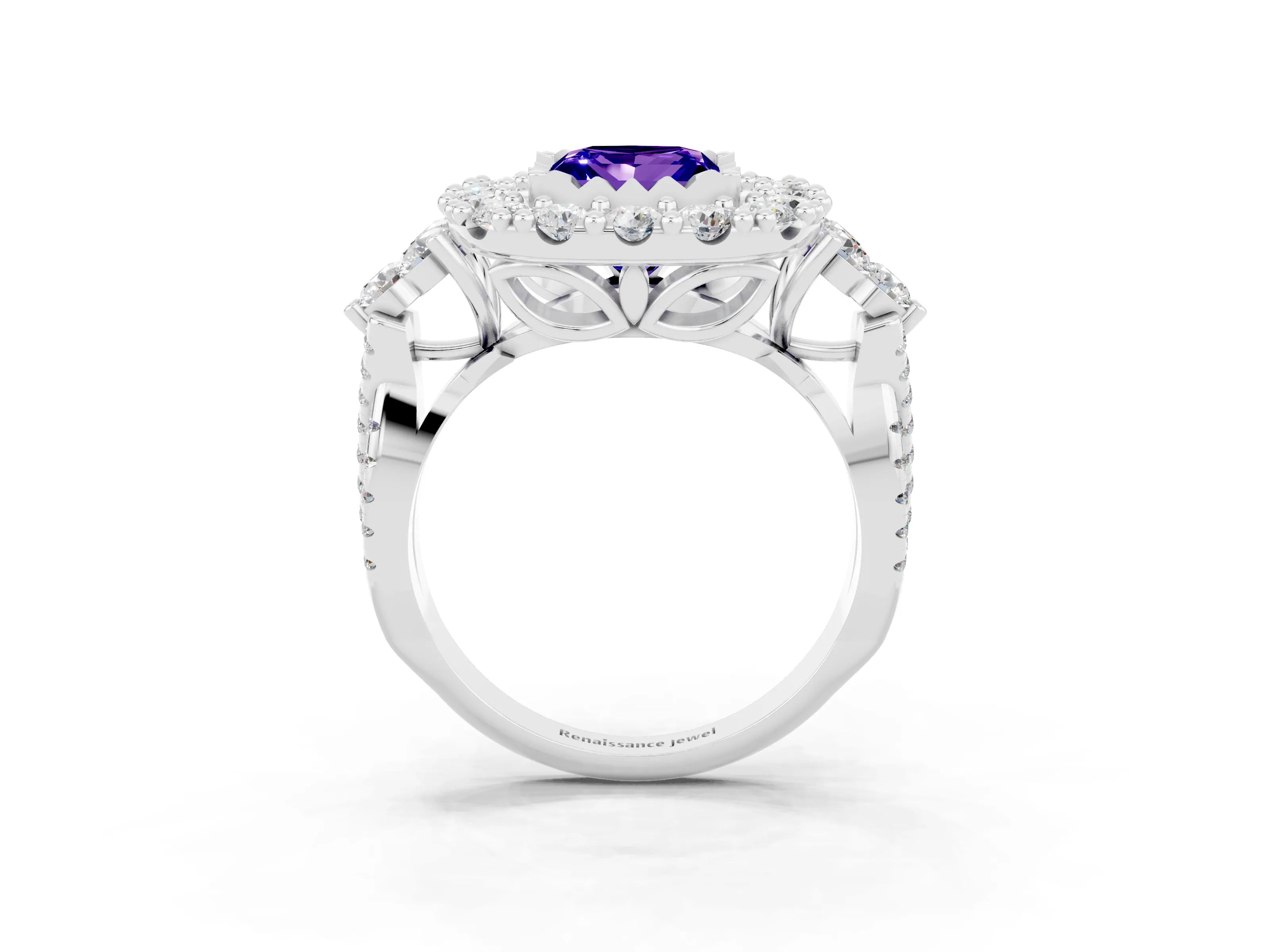 White gold Princess Cut Tanzanite Halo Ring with Pavé Band and Four-Prong Setting_15