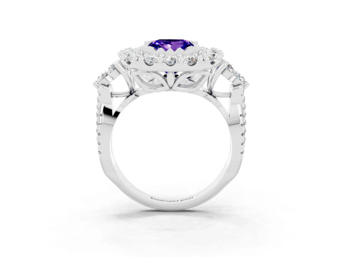 White gold Princess Cut Tanzanite Halo Ring with Pavé Band and Four-Prong Setting_15