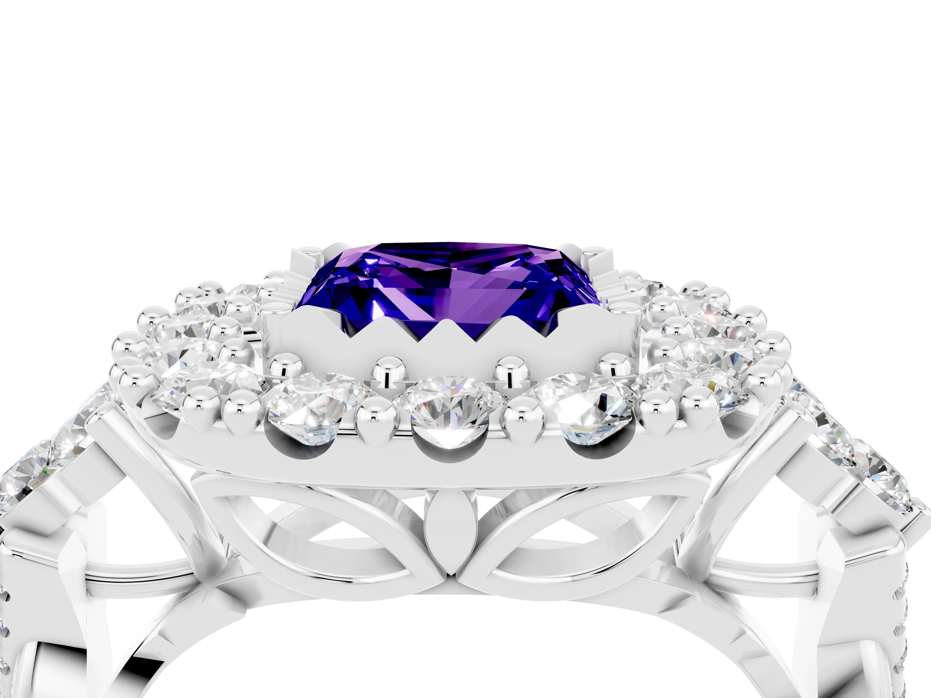 White gold Princess Cut Tanzanite Halo Ring with Pavé Band and Four-Prong Setting_16