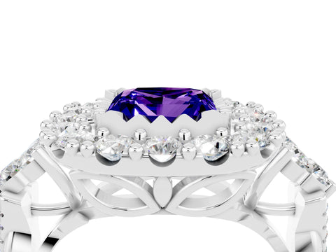 White gold Princess Cut Tanzanite Halo Ring with Pavé Band and Four-Prong Setting_16