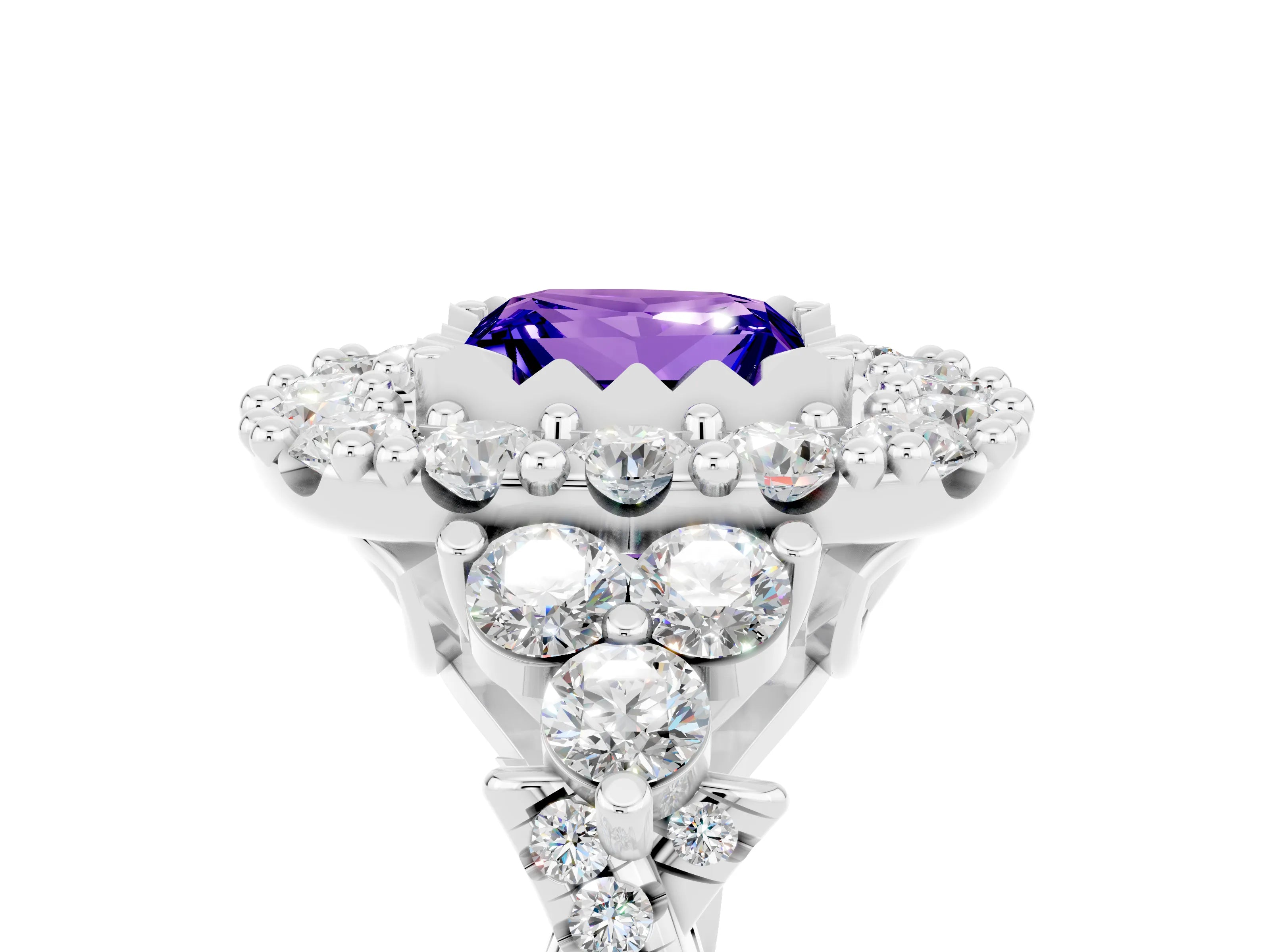 White gold Princess Cut Tanzanite Halo Ring with Pavé Band and Four-Prong Setting_17