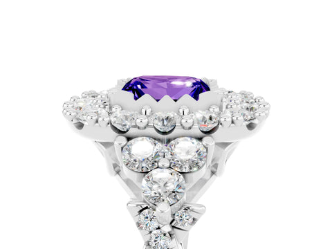 White gold Princess Cut Tanzanite Halo Ring with Pavé Band and Four-Prong Setting_17