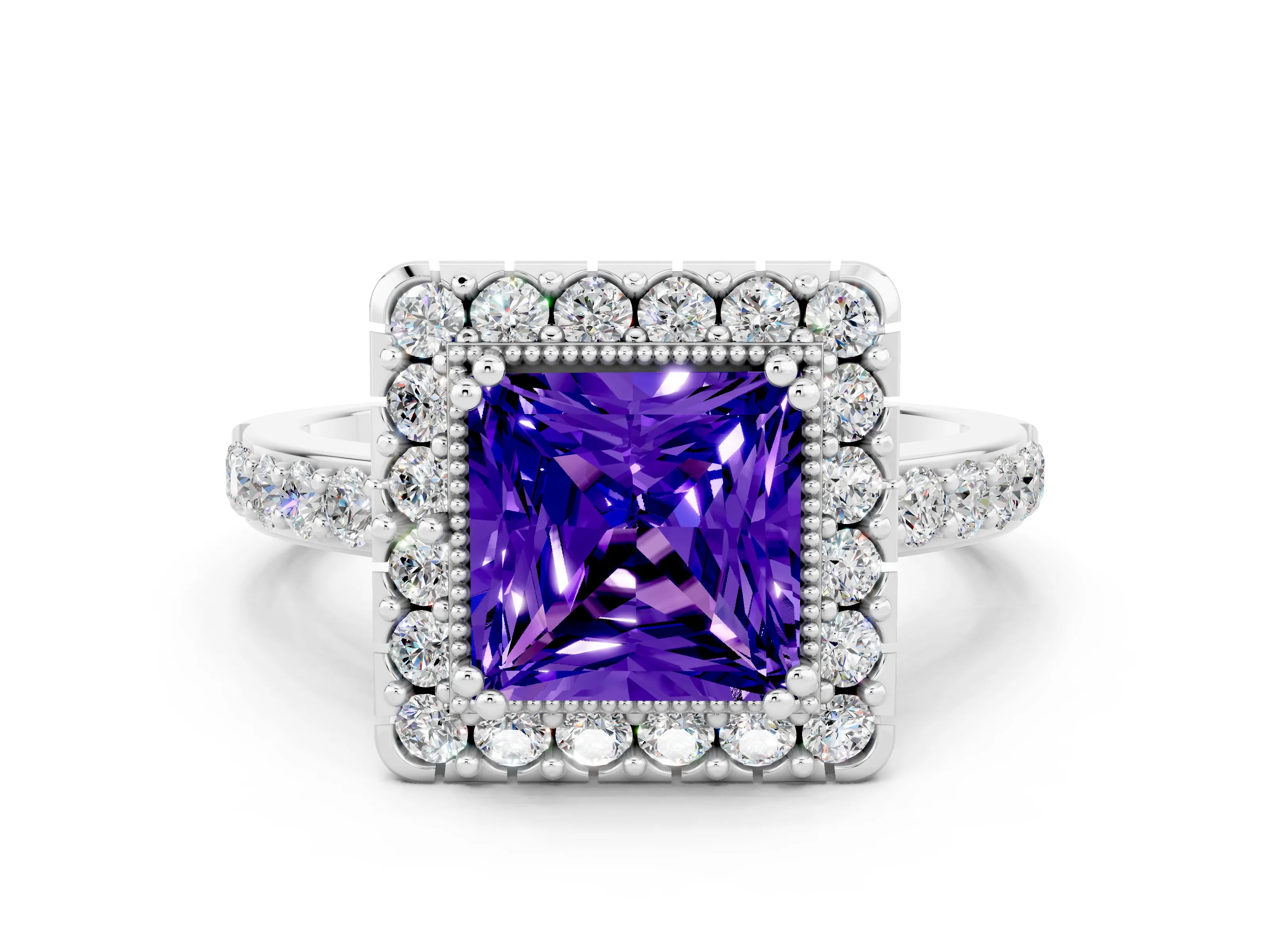 White gold Princess Cut Tanzanite Halo Ring with Pavé Band and Prong Setting