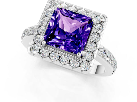 White gold Princess Cut Tanzanite Halo Ring with Pavé Band and Prong Setting_1