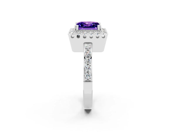 Platinum Princess Cut Tanzanite Halo Ring with Pavé Band and Prong Setting