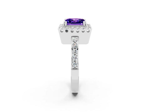 White gold Princess Cut Tanzanite Halo Ring with Pavé Band and Prong Setting_2