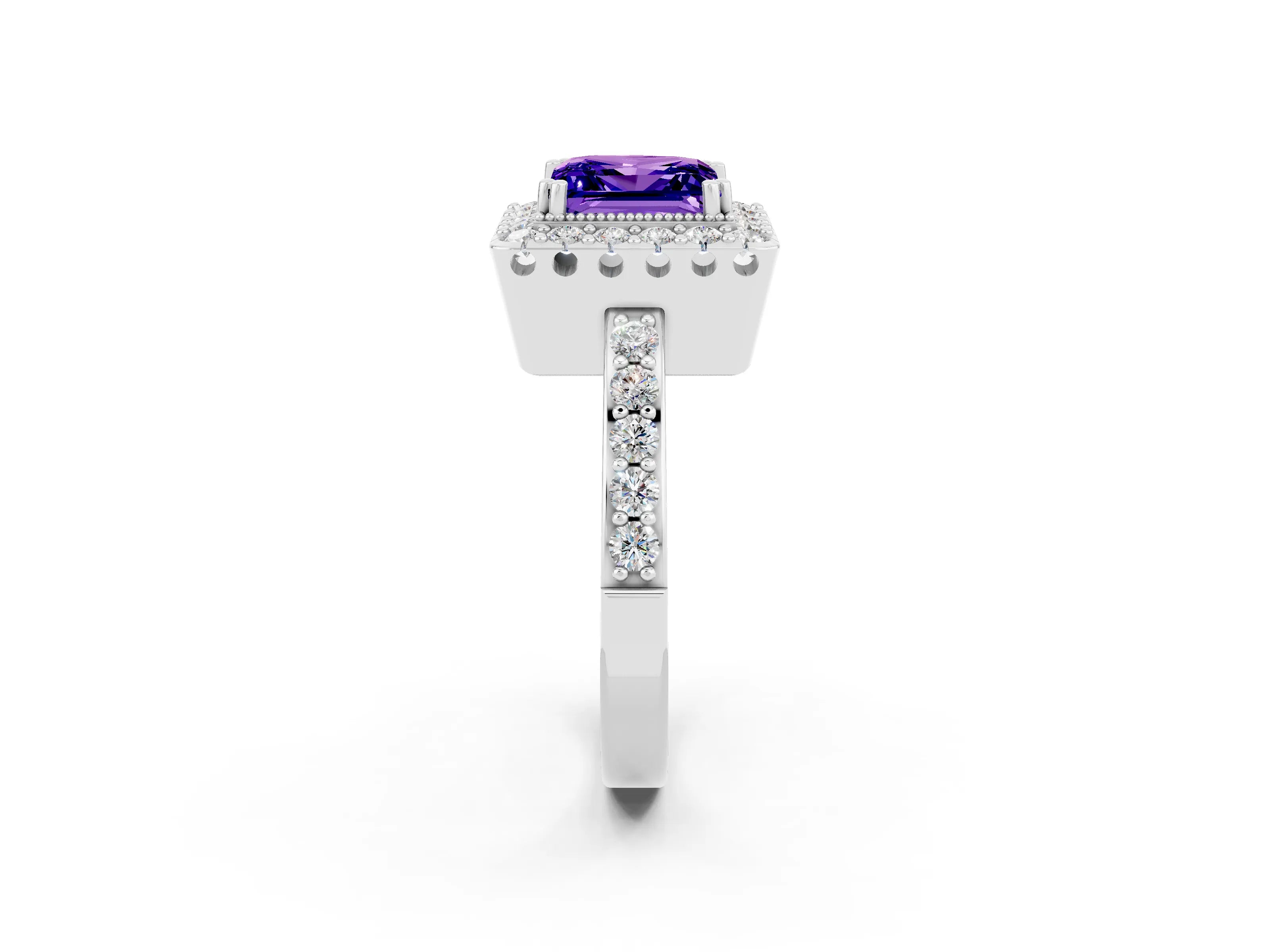 White gold Princess Cut Tanzanite Halo Ring with Pavé Band and Prong Setting_2