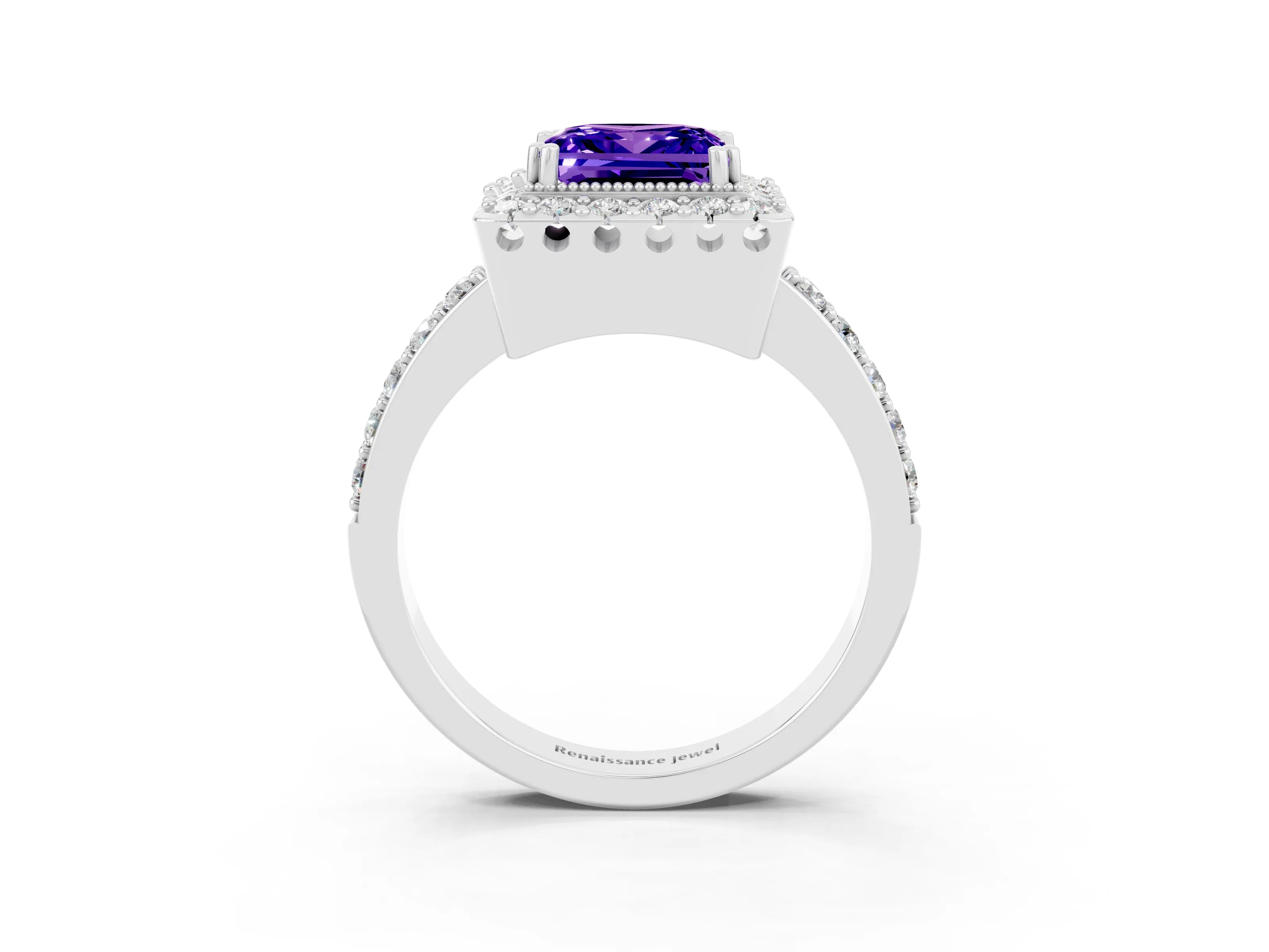 White gold Princess Cut Tanzanite Halo Ring with Pavé Band and Prong Setting_3