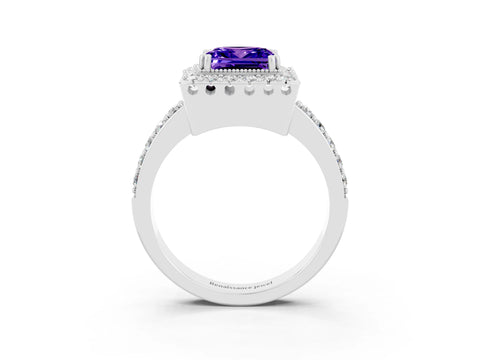 White gold Princess Cut Tanzanite Halo Ring with Pavé Band and Prong Setting_3