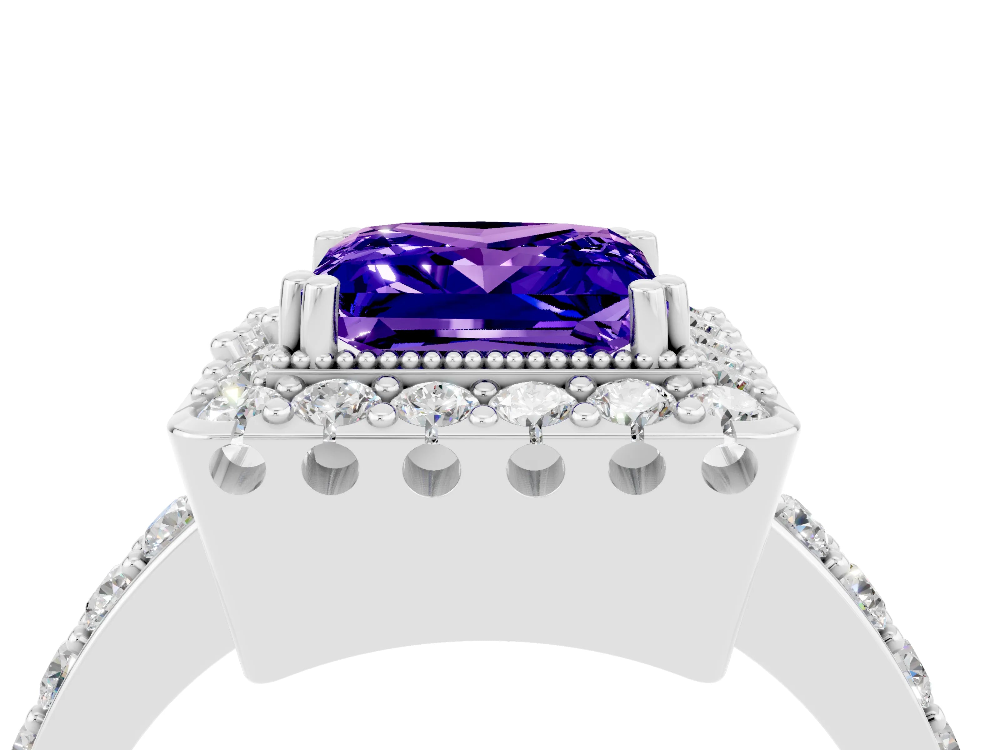 White gold Princess Cut Tanzanite Halo Ring with Pavé Band and Prong Setting_4