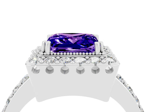 White gold Princess Cut Tanzanite Halo Ring with Pavé Band and Prong Setting_4