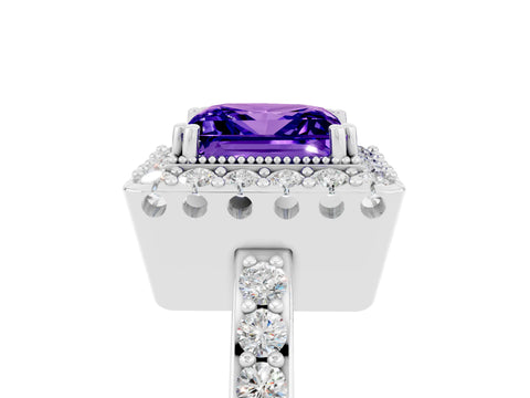 White gold Princess Cut Tanzanite Halo Ring with Pavé Band and Prong Setting_5