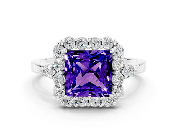 Platinum Princess Cut Tanzanite Halo Ring with Pear Side Stones and Prong Setting