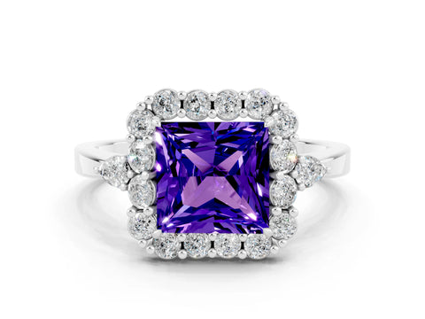 White gold Princess Cut Tanzanite Halo Ring with Pear Side Stones and Prong Setting_24