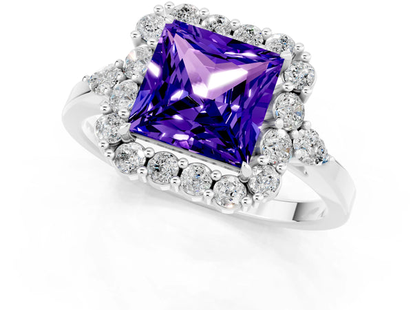 Platinum Princess Cut Tanzanite Halo Ring with Pear Side Stones and Prong Setting