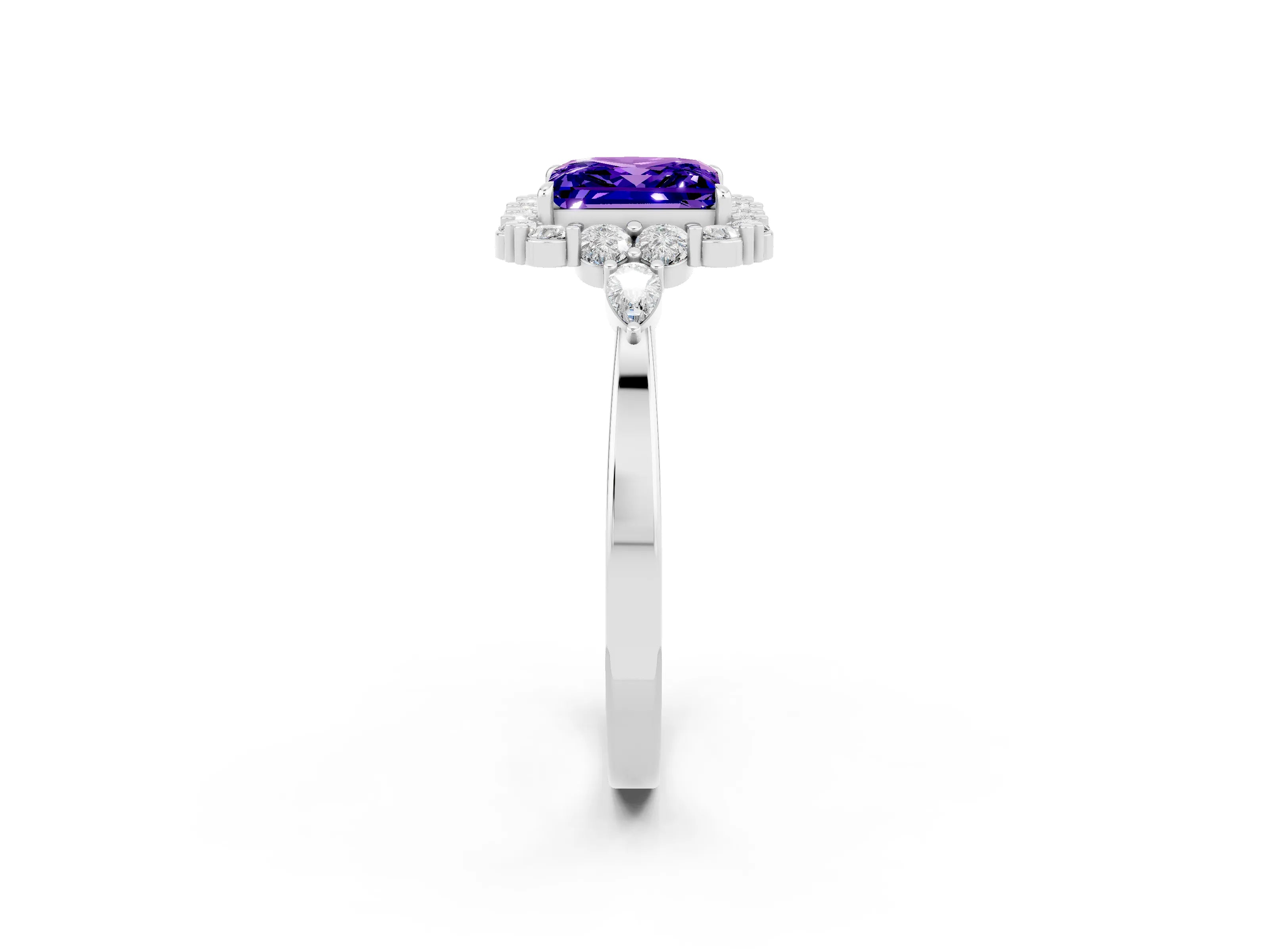 White gold Princess Cut Tanzanite Halo Ring with Pear Side Stones and Prong Setting_26