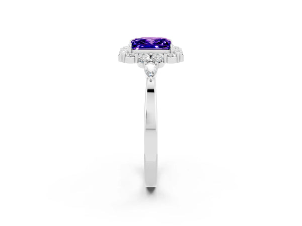 White gold Princess Cut Tanzanite Halo Ring with Pear Side Stones and Prong Setting