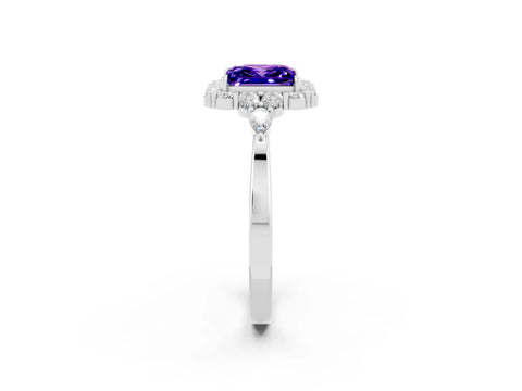 White gold Princess Cut Tanzanite Halo Ring with Pear Side Stones and Prong Setting_26