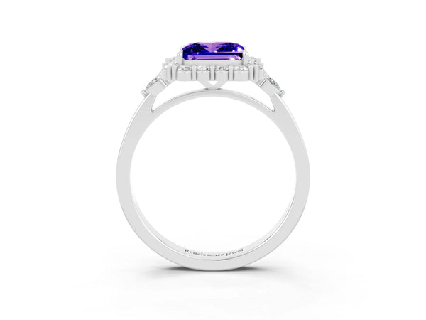 White gold Princess Cut Tanzanite Halo Ring with Pear Side Stones and Prong Setting