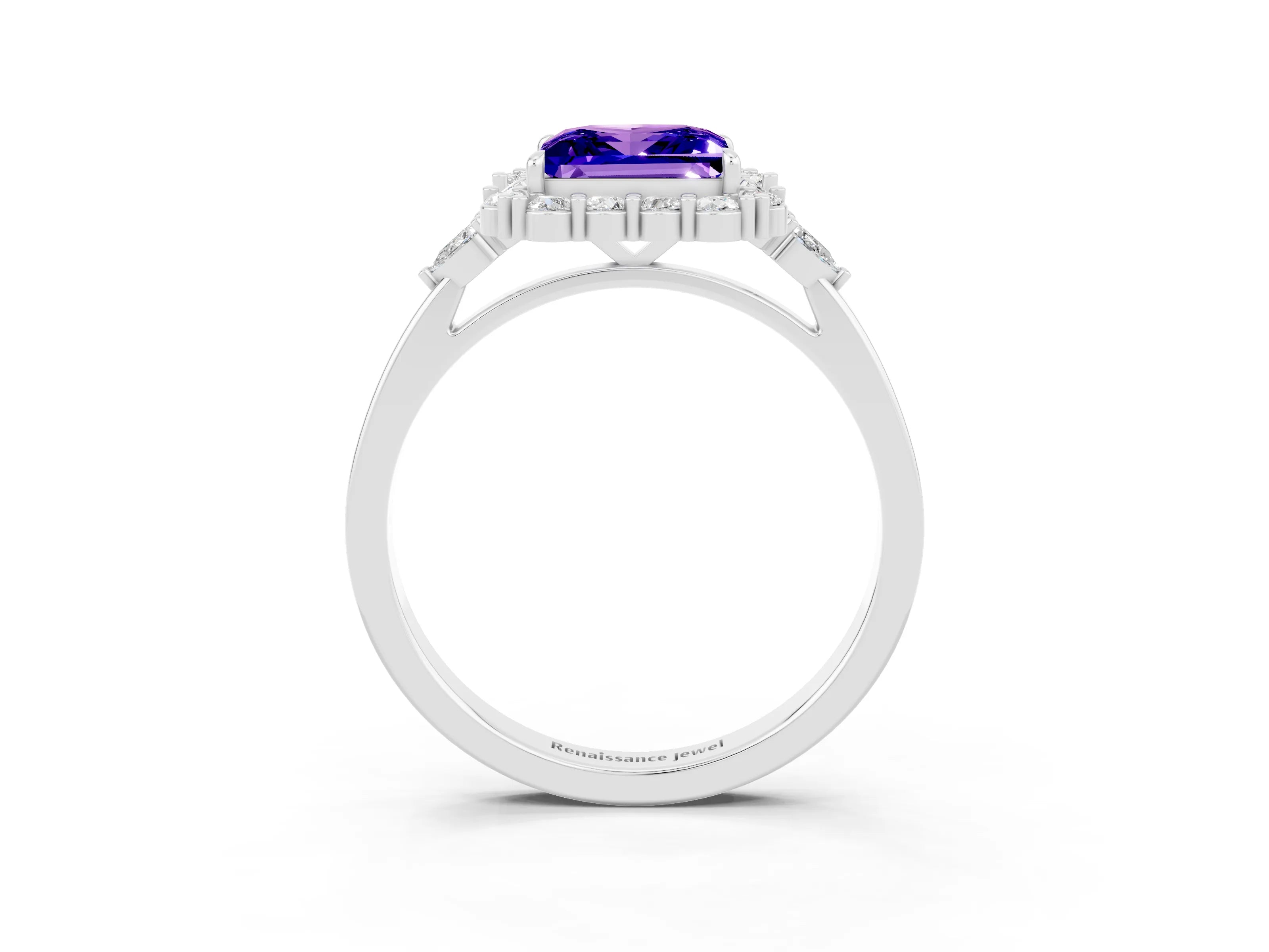 White gold Princess Cut Tanzanite Halo Ring with Pear Side Stones and Prong Setting_27