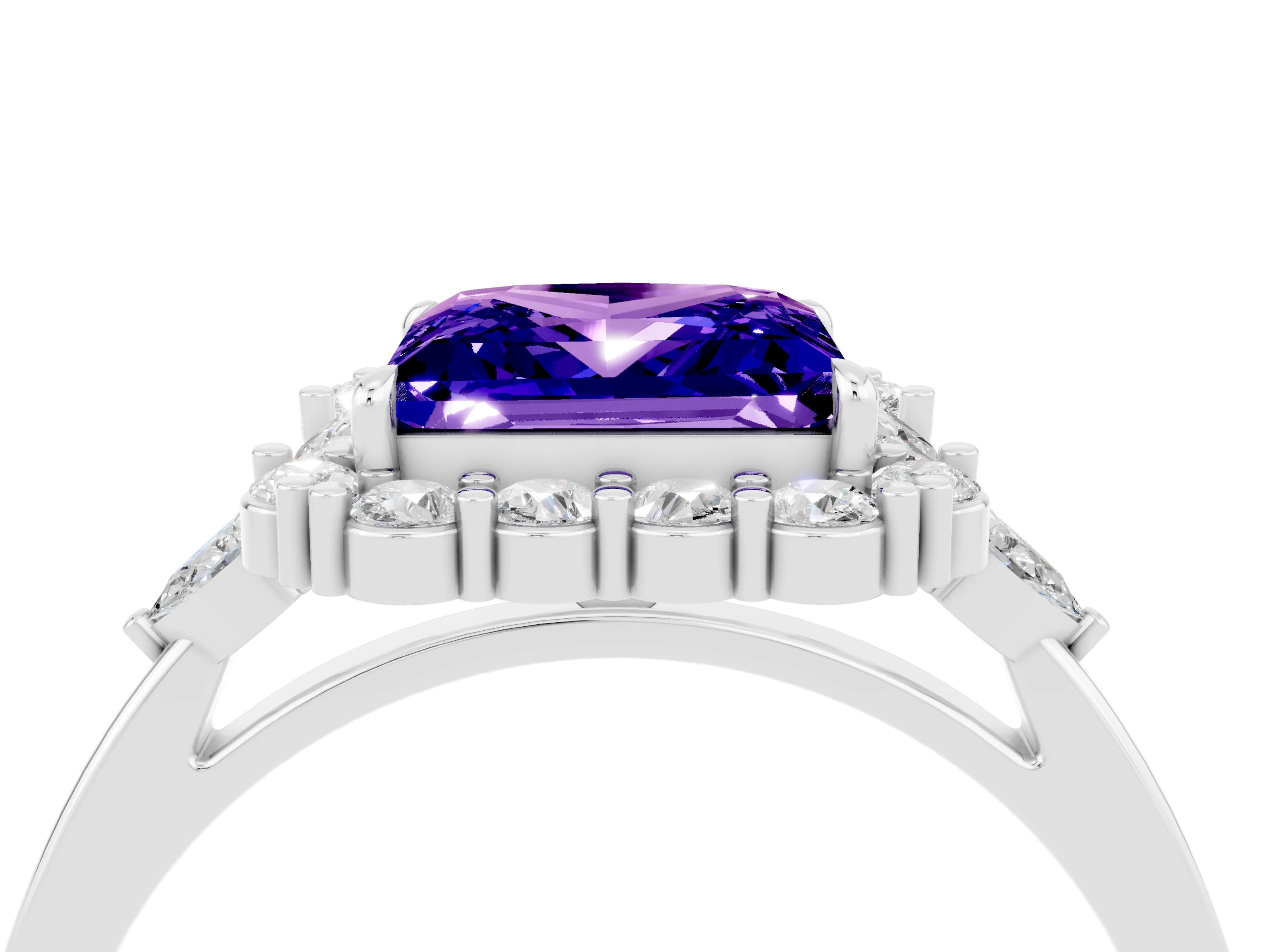 White gold Princess Cut Tanzanite Halo Ring with Pear Side Stones and Prong Setting_28