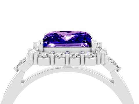 White gold Princess Cut Tanzanite Halo Ring with Pear Side Stones and Prong Setting_28