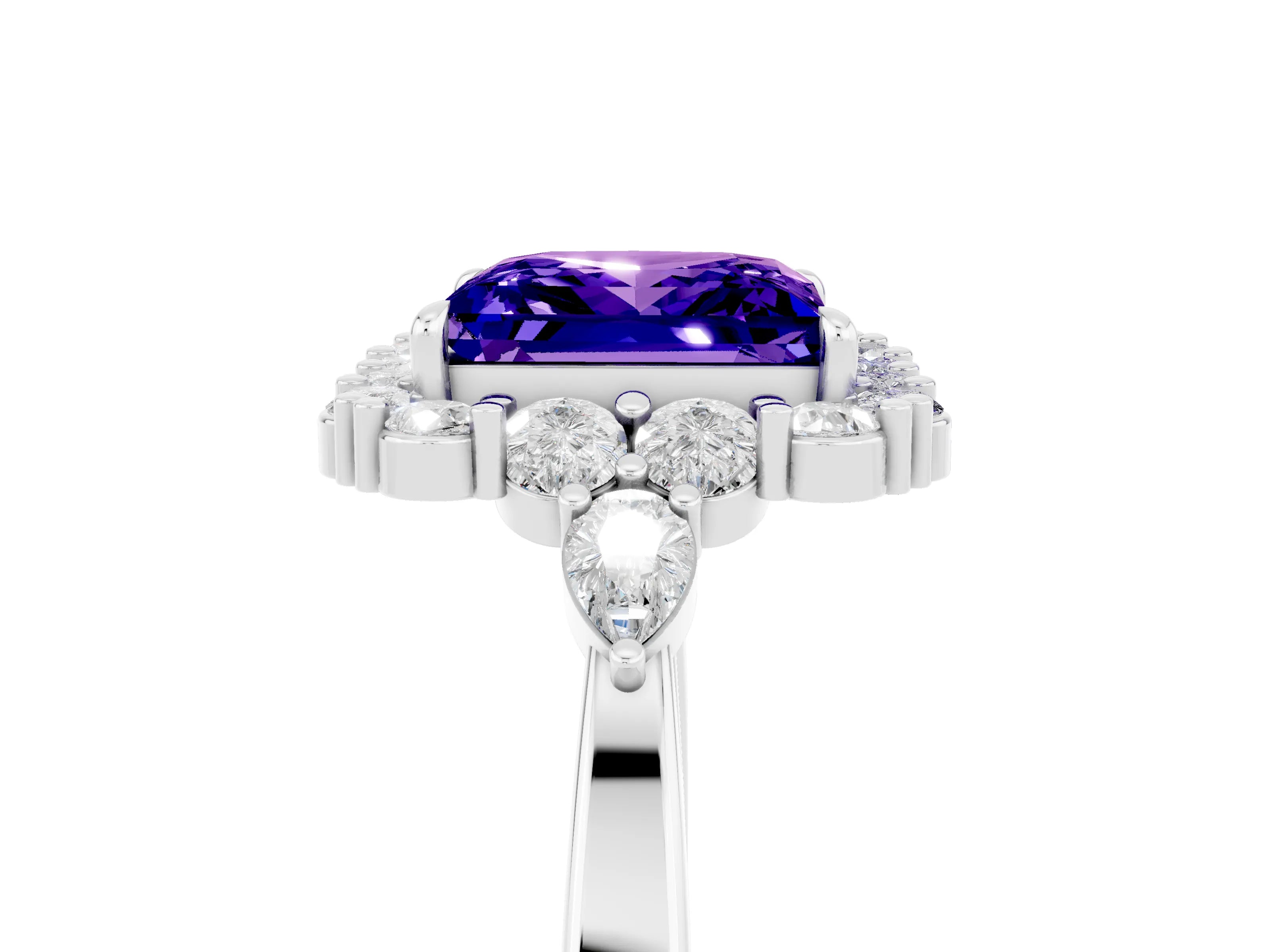 White gold Princess Cut Tanzanite Halo Ring with Pear Side Stones and Prong Setting_29
