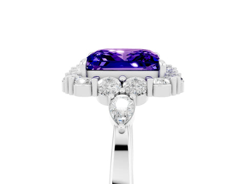 White gold Princess Cut Tanzanite Halo Ring with Pear Side Stones and Prong Setting_29