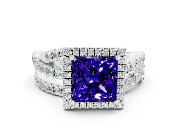 Platinum Princess Cut Tanzanite Halo Ring with Round Split Shank and Prong Setting