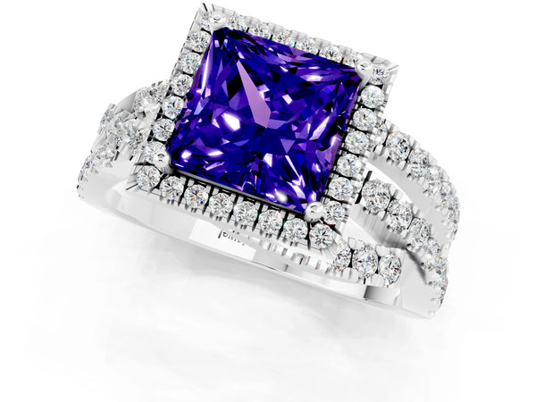 White gold Princess Cut Tanzanite Halo Ring with Round Split Shank and Prong Setting