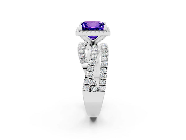 Platinum Princess Cut Tanzanite Halo Ring with Round Split Shank and Prong Setting